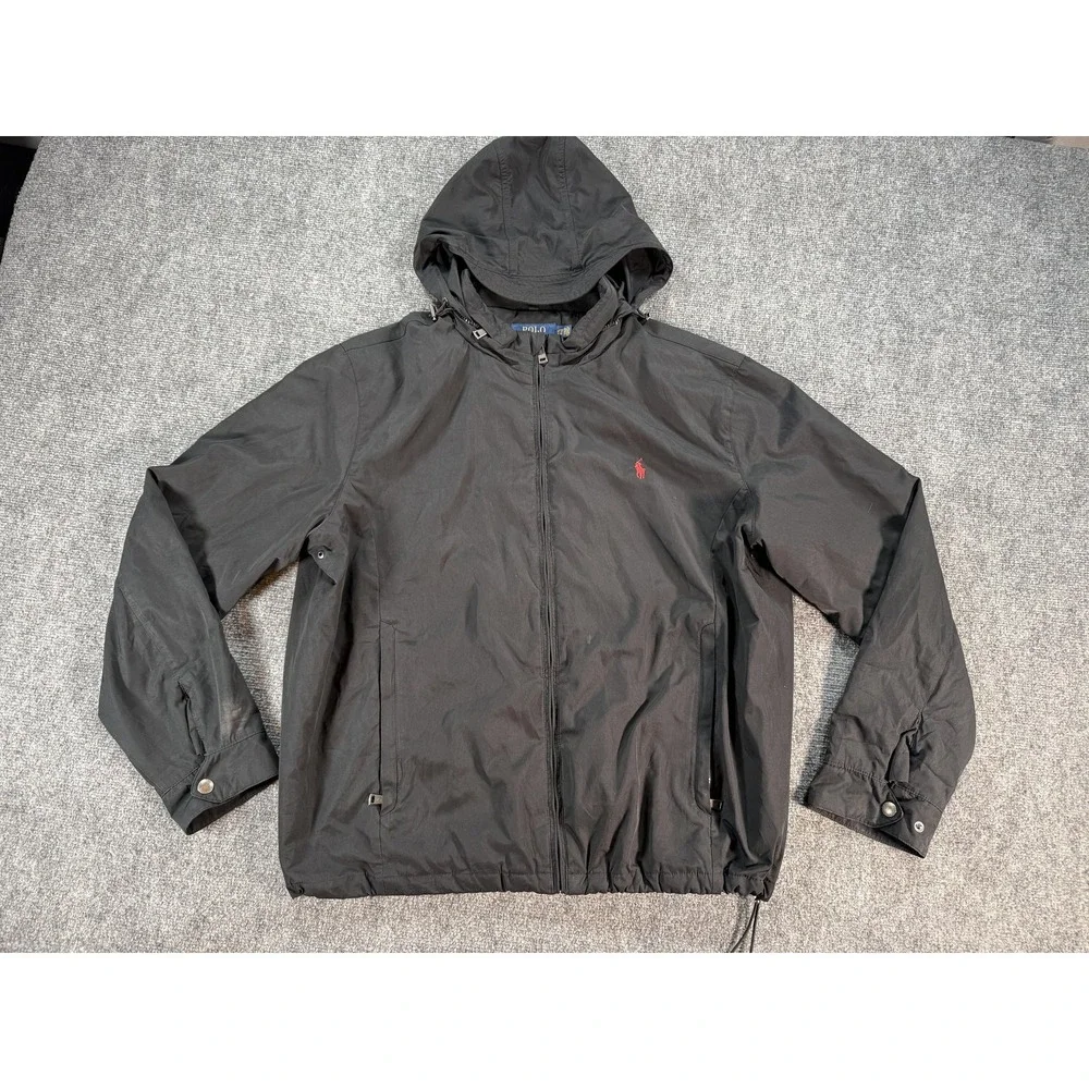Polo Ralph Lauren Jacket Mens 2XL Black Hooded Quilted Lined Zip Windbreaker‎